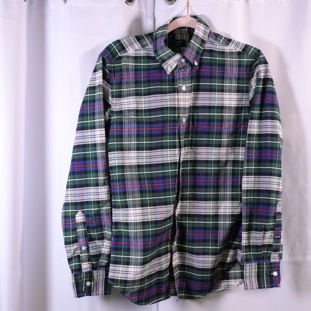 J Crew Slim Fit Oxford Plaid Shirt Green Blue White Mens Small Long Sleeve